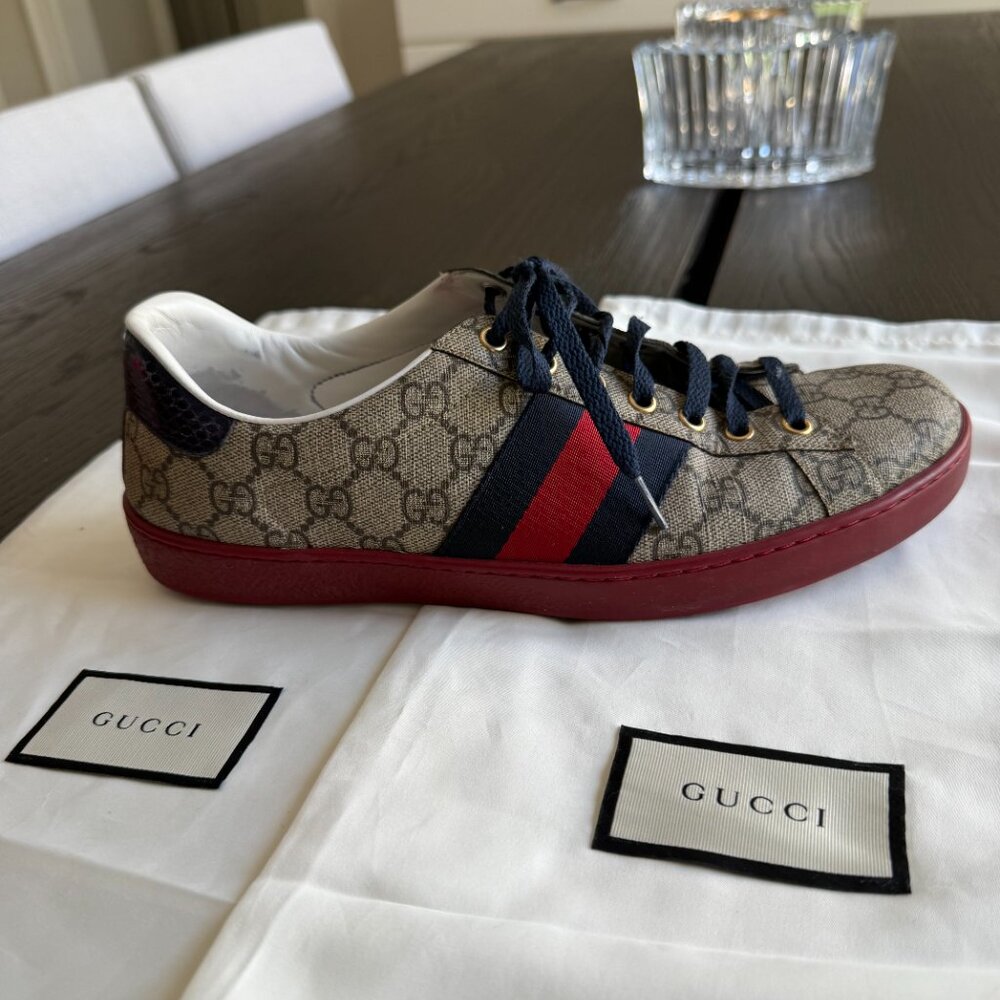 Gucci Ace GG Supreme Sneakers Men’s Size 8.5 Beige Red Blue Stripe - Picture 5 of 10